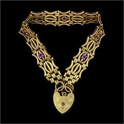 9ct gold amethyst fancy link bracelet, with heart locket clasp, hallmarked 