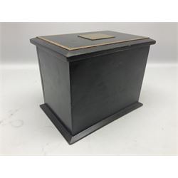 19th century ebonised table top stationary cabinet with fitted interior and key, H20cm
