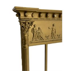 19th century gilt wood and gesso overmantel mirror, stepped and moulded globular cornice over frieze decorated in relief with classical Roman chariot scene, three bevelled plates flanked by lobed half pilasters with scrolled acanthus leaf capitals