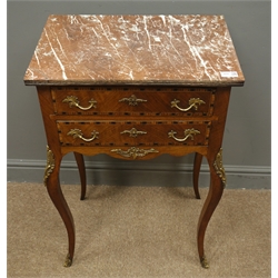  Small French style inlaid walnut bedside/lamp table, marble top, two drawers, cabriole legs, W51cm, H78cm, D35cm  