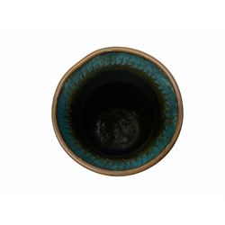 Japanese Cloisonne vase, Meiji/Taisho period, decorated with five haloed figures, possibly the Lucky Gods or Monks, in a landscape detailed with pine trees, lotus flowers and auspicious clouds, beneath a neck with band of fronds, with apocryphal Ming mark beneath, H31cm