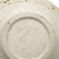 Barbara Cass (1921-1992) for Arden pottery; two studio pottery stoneware vases, one of slender tapered form the other of globular form, in dark green and cream glaze with speckled decoration, impressed marks to bases, tallest H39cm (2)