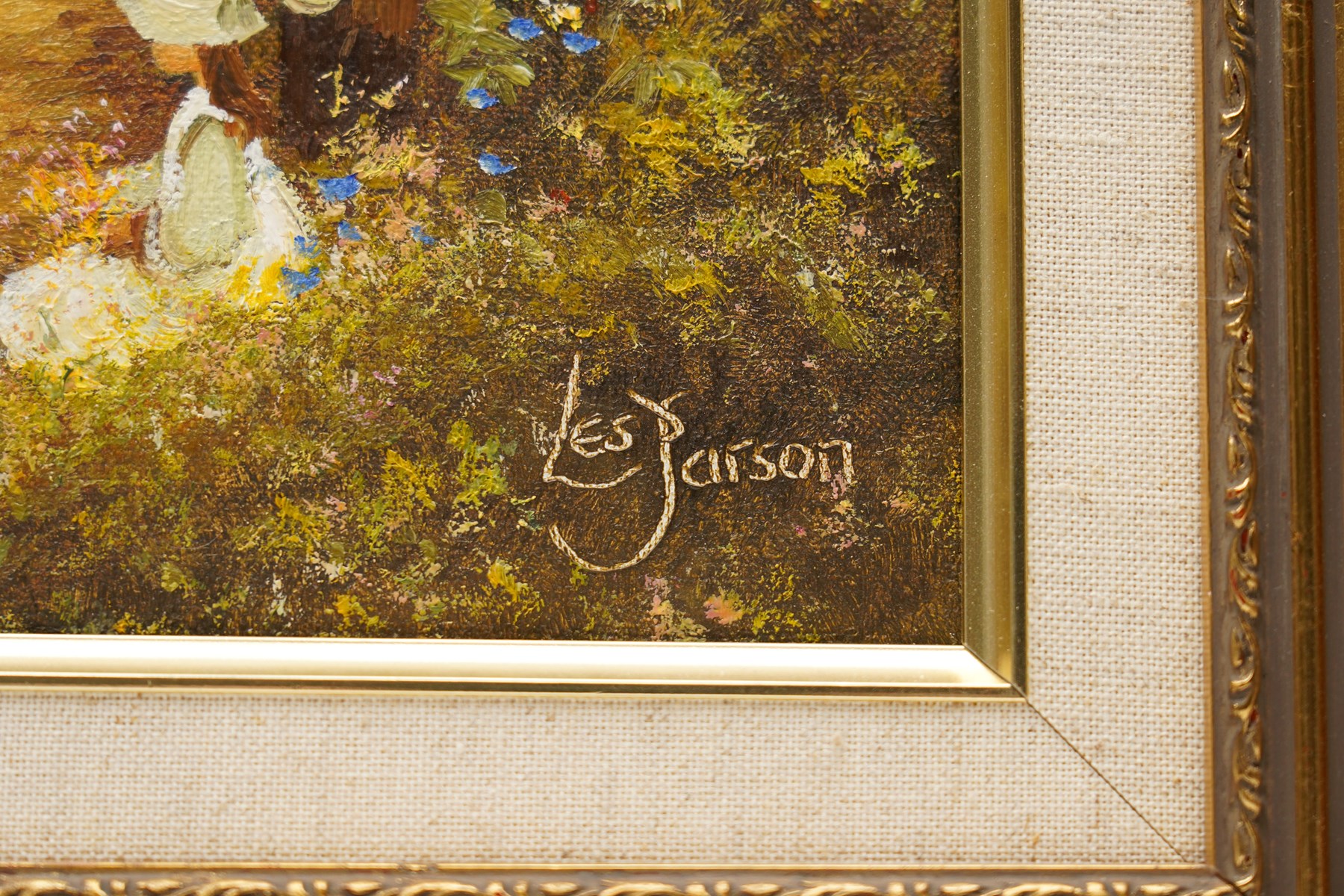 Les Parson (British 1945-): Children Playing in a Flourishing Garden, pair of oils on canvas signed 24.5cm x 29.5cm and 29.5cm x 24.5cm (2)