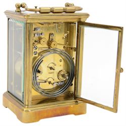 French - Early Edwardian corniche cased 8-day carriage clock, decorative enamel dial with floral garlands, Arabic numerals, minute markers, steel moon hands and conforming alarm setting dial, four rectangular glass panels and an oval viewing glass to the top, with a silvered lever platform escapement and 
timing screws to the jewelled balance, twin train rack striking movement with repeat, sounding the hours, half hours and alarm on a coiled gong.  Original traveling case with viewing glass and key.