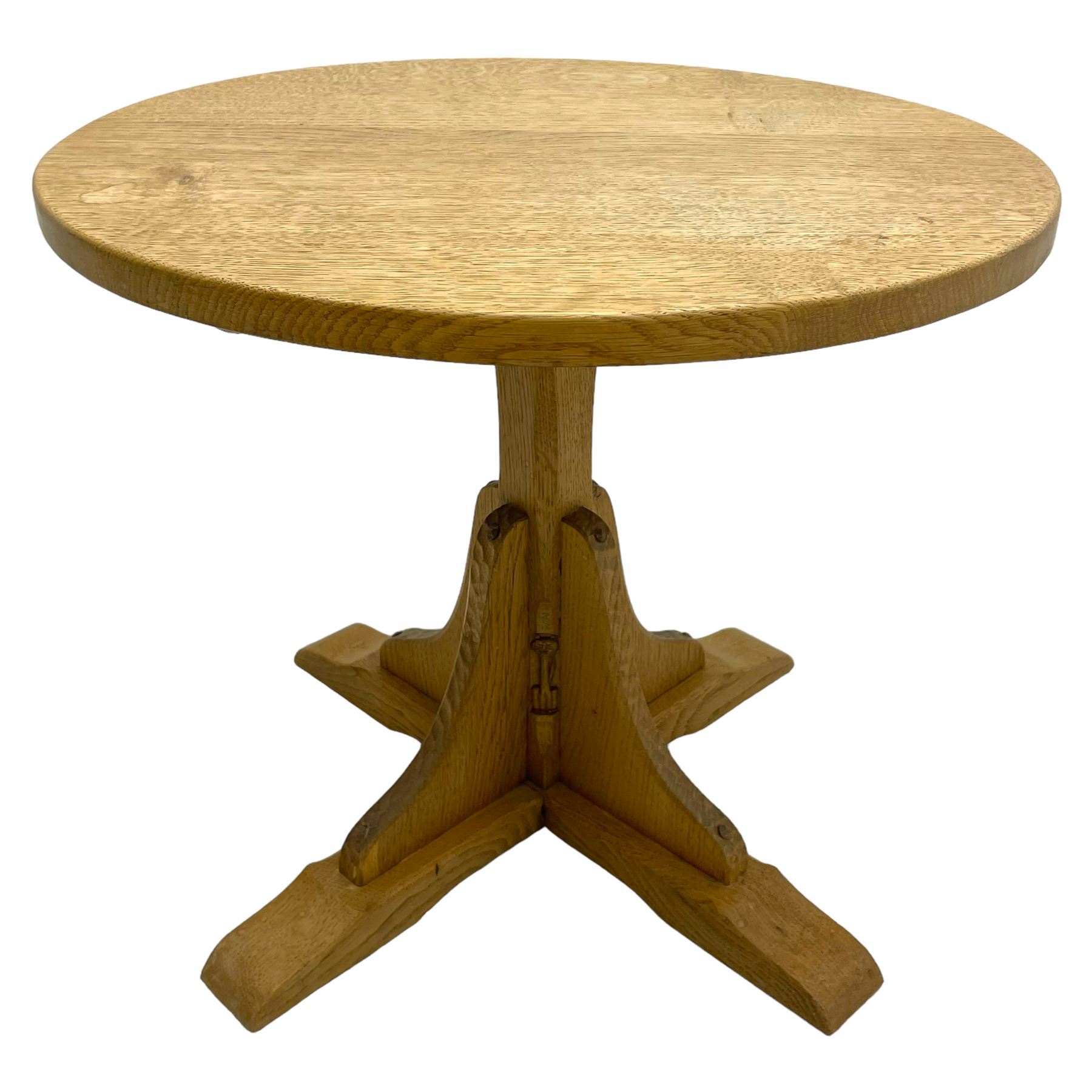 Catman - oak occasional table, circular top on cruciform base, carved with long-necked cat signature, by Chris Checkfield, Whitby