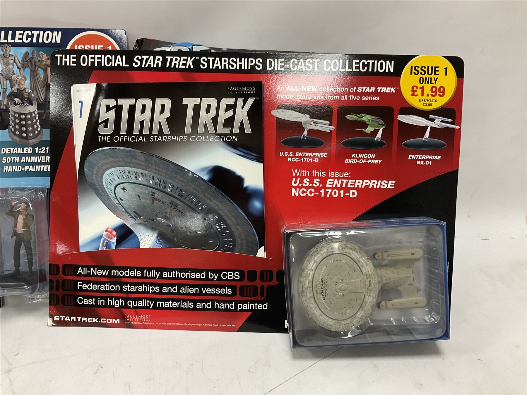 Star Trek - Eaglemoss Official Starships Collection three unopened issue No.1 and Issue No.2; five boxed Fabbri metal figures; and four carded action figures; together with Dr. Who - Eaglemoss Official Figurine Collection unopened Issue No.1; Dr. Who Monster Invasion parts 2 & 3, both unopened; four Dapol carded Dr. Who action figures and two others.