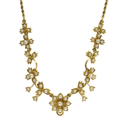  Victorian 18ct gold (tested) split seed pearl flower and foliate design necklace  