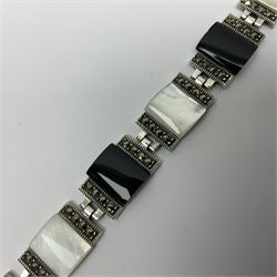Silver black onyx, mother of pearl and marcasite, rectangular link bracelet, stamped 925 