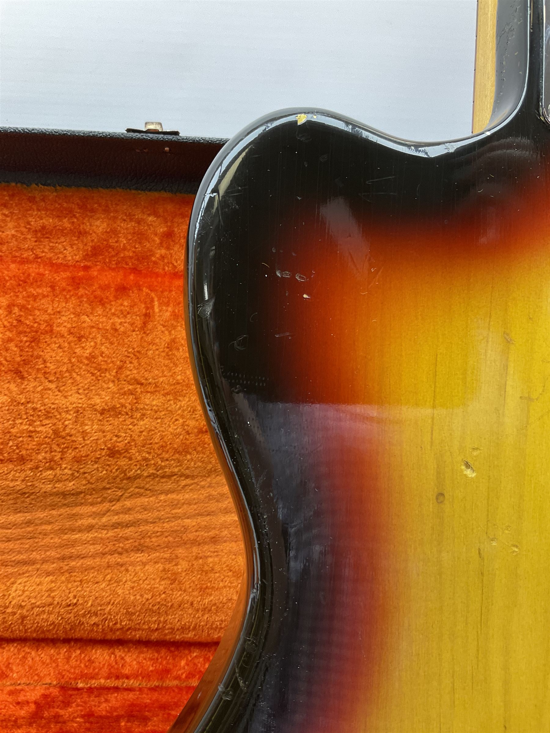 Fender three-tone Sunburst 12-string electric guitar c1965/6 Fullerton USA, with alder body and maple neck, the Indian rosewood fretboard with twenty-one frets and pearloid dot markers, fender electric XII bridge, F-stamp tuners (non-original), two split single coil pick-ups, master volume and tone and four-way switch, serial no.129730, L108cm; in original Fender case bearing label for Rivington Guitars New York with copy of original invoice; together with GuitarKes set-up and service certificate dated October 2021
