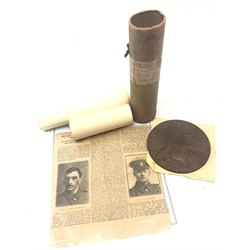  Wilfrid or Wilfred Harrison of Whitby: Death Plaque in original envelope with note, Scroll with note to Pte. Wilffred Harrison RAMC in card tube. News paper cutting reporting the funeral with Pte. John Kipling and War Grave certificate  