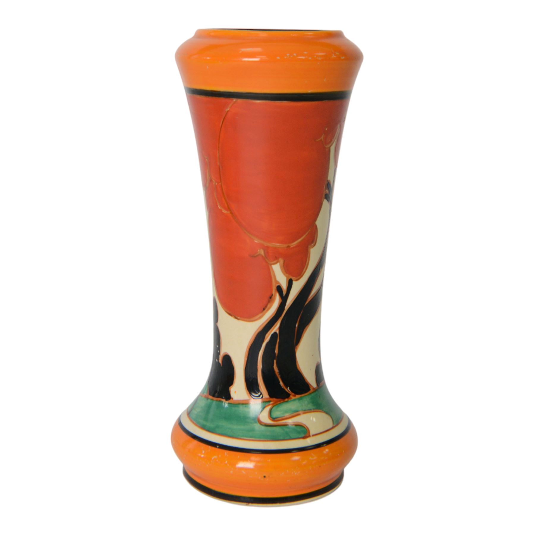Clarice Cliff Red Autumn vase, shape 187, circa 1930 hand painted with a stylised tree and cottage landscape in red, black and green with orange and black banding, FANTASQUE and Bizarre mark beneath, H22cm