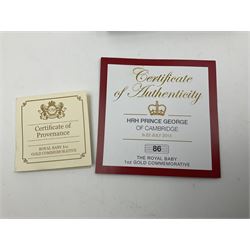 'HRH Prince George of Cambridge The Royal Baby' gold commemorative medallion, weighing 34 grams of 22 carat gold, cased with certificate