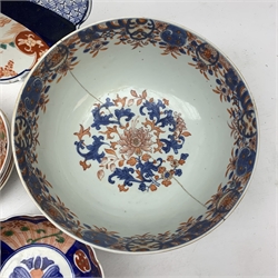 A group of Victorian teawares, comprising four cups, five bowls, and one plate, each decorated with a chinoiserie figural scene, together with two Japanese Imari dishes, and four pieces of English porcelain, comprising large bowl, smaller bowl, dish, and jug. 

Victorian part tea set, two imari dishes and four pieces of English porcelain 