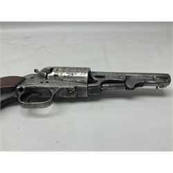 19th century Belgian .36 calibre five-shot percussion revolver, copy of an 1850s Colt single action pocket pistol, with 10cm barrel, all steel construction with split wooden grips, various markings, mostly indistinct L26cm
