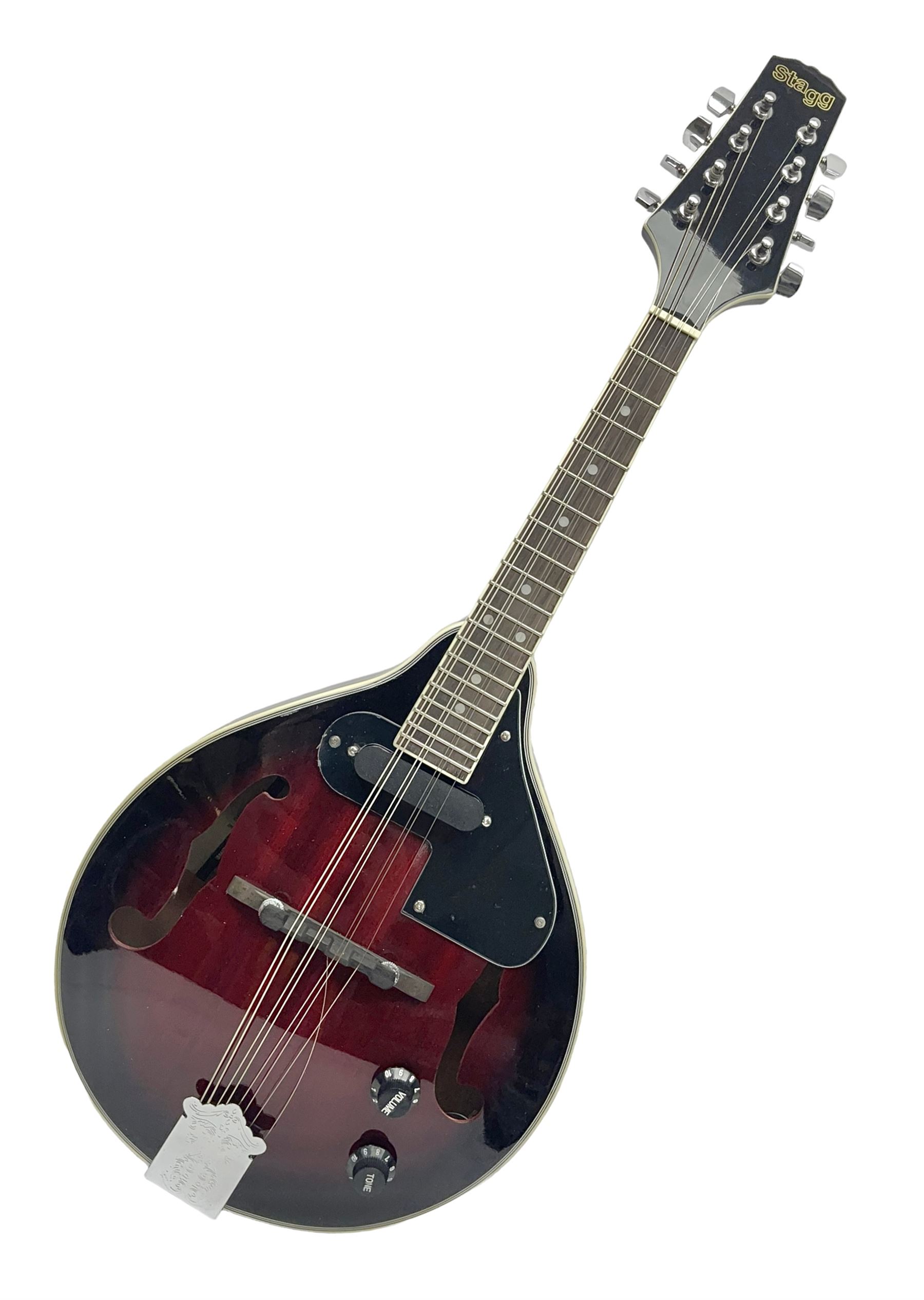 Stagg Model M50 E eight-string electro-acoustic mandolin; bears makers label L69cm; in cardboard delivery box with lead