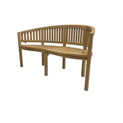 Solid teak garden bench, curved back and serpentine slatted seat