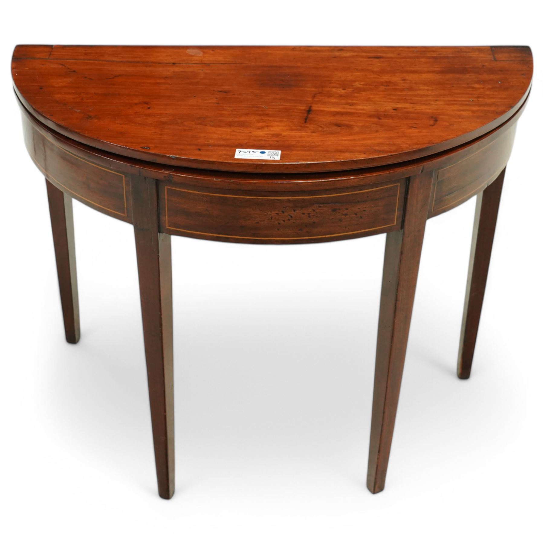 19th century rosewood and satinwood banded card table, D-shaped fold-over top, double gate-leg action base, on square tapering supports terminating to brass cups and castors (W92cm, D45cm, H76cm); together with a 19th century mahogany tea table (W89cm, H73cm, D43cm)