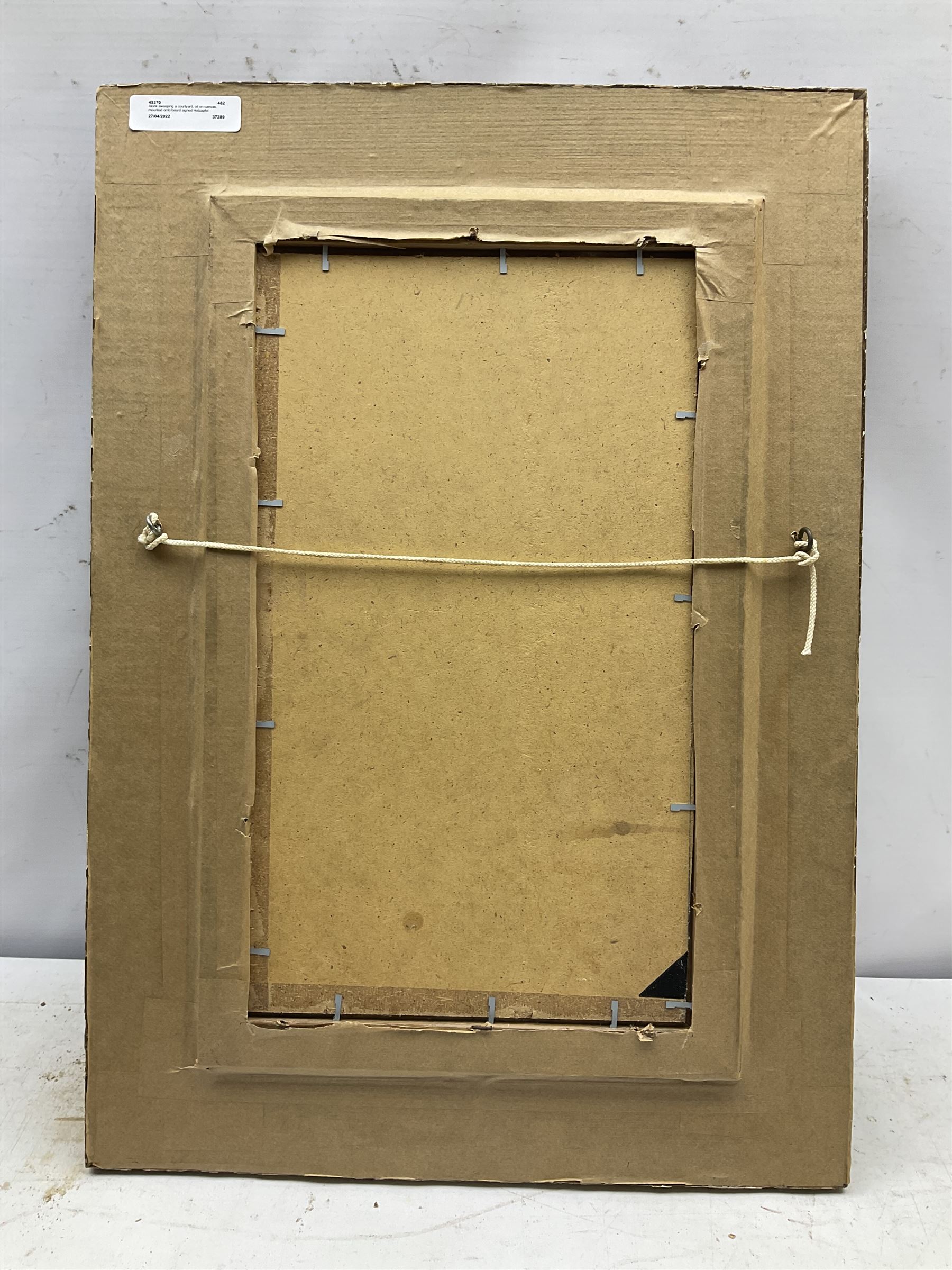 Hans Holzapfel (German 1884-1960): Monk Sweeping a Courtyard, oil on canvas mounted onto board signed 36cm x 20cm