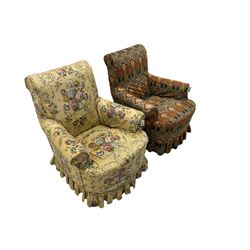 Pair Victorian armchairs, upholstered in loose covers, on turned front supports