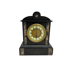 A late 19th century Belgium slate mantle clock decorated with variegated panels of contrasting marble and incised decoration to the front, French eight-day timepiece movement with a recoil anchor escapement, two-piece dial with a gilt centre and Ivorine chapter, Roman numerals, minute markers and brass fleur di Lis hands, dial centre inscribed “Appleby, Paris”. With pendulum.



