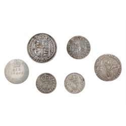Six silver coins including Charles II, George II, Victoria etc