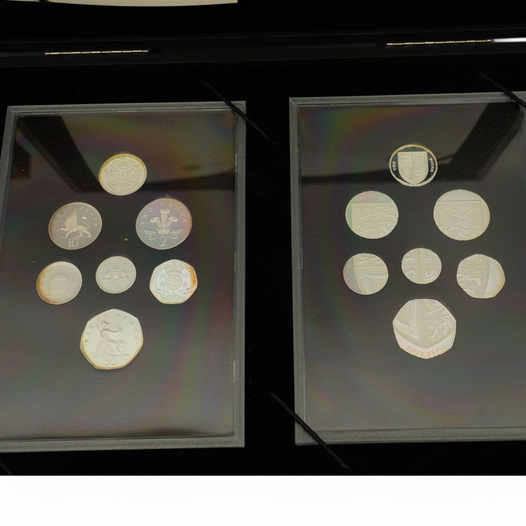 The Royal Mint United Kingdom 1996 silver proof 'Anniversary Collection' and 2008 silver proof 'Emblems of Britain' and 'Royal Shield of Arms' coin collections, cased with certificates