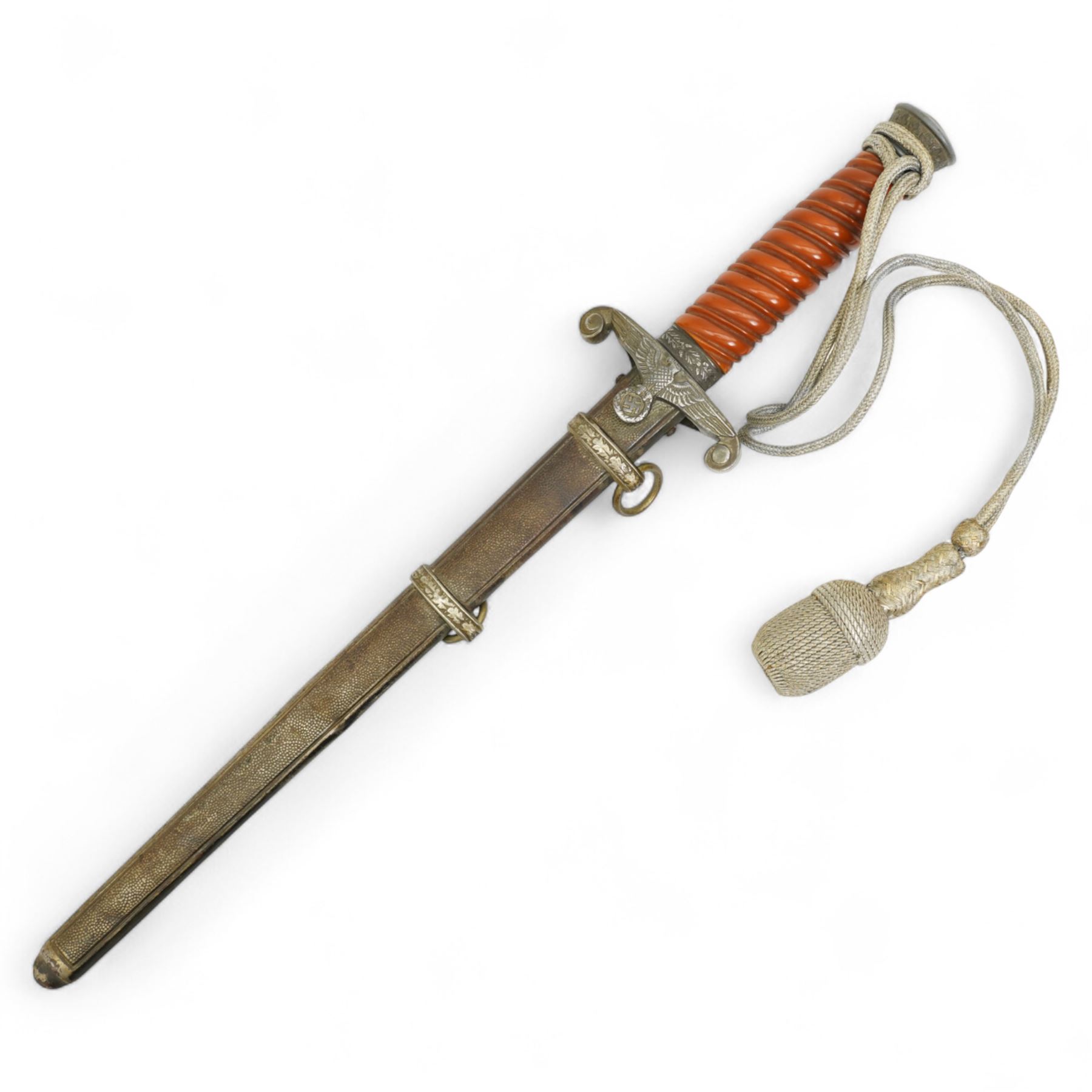 German Third Reich army dagger by Robert Klaas, Solingen with celluloid grip and bullion knot in scabbard