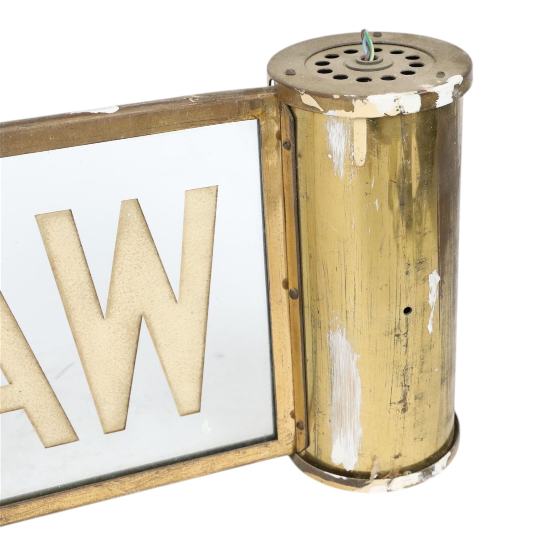 Way Out sign, from cinema or theatre, the central glass panel market Way Out, with brass border and two cylindrical brass mounts for lights to each end, H25cm, L81cm 