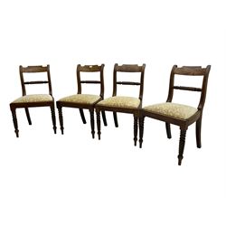 Set four early 19th century mahogany dining chairs, rope twist middle rails and front supports, with drop in seats upholstered in foliate scroll patterned fabric