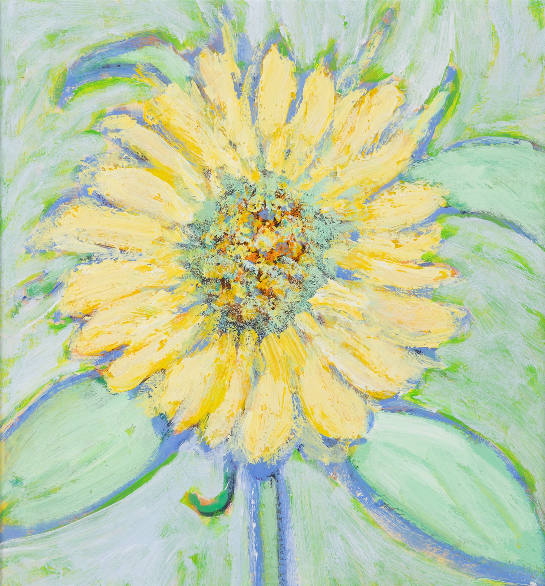 Ian Seymour Wells (British 1937-): Sunflower, oil on board unsigned, attributed and dated 1977 on label verso 22cm x 20cm