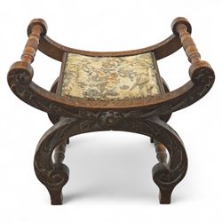 Late 19th century carved oak X-frame stool with tapestry seat