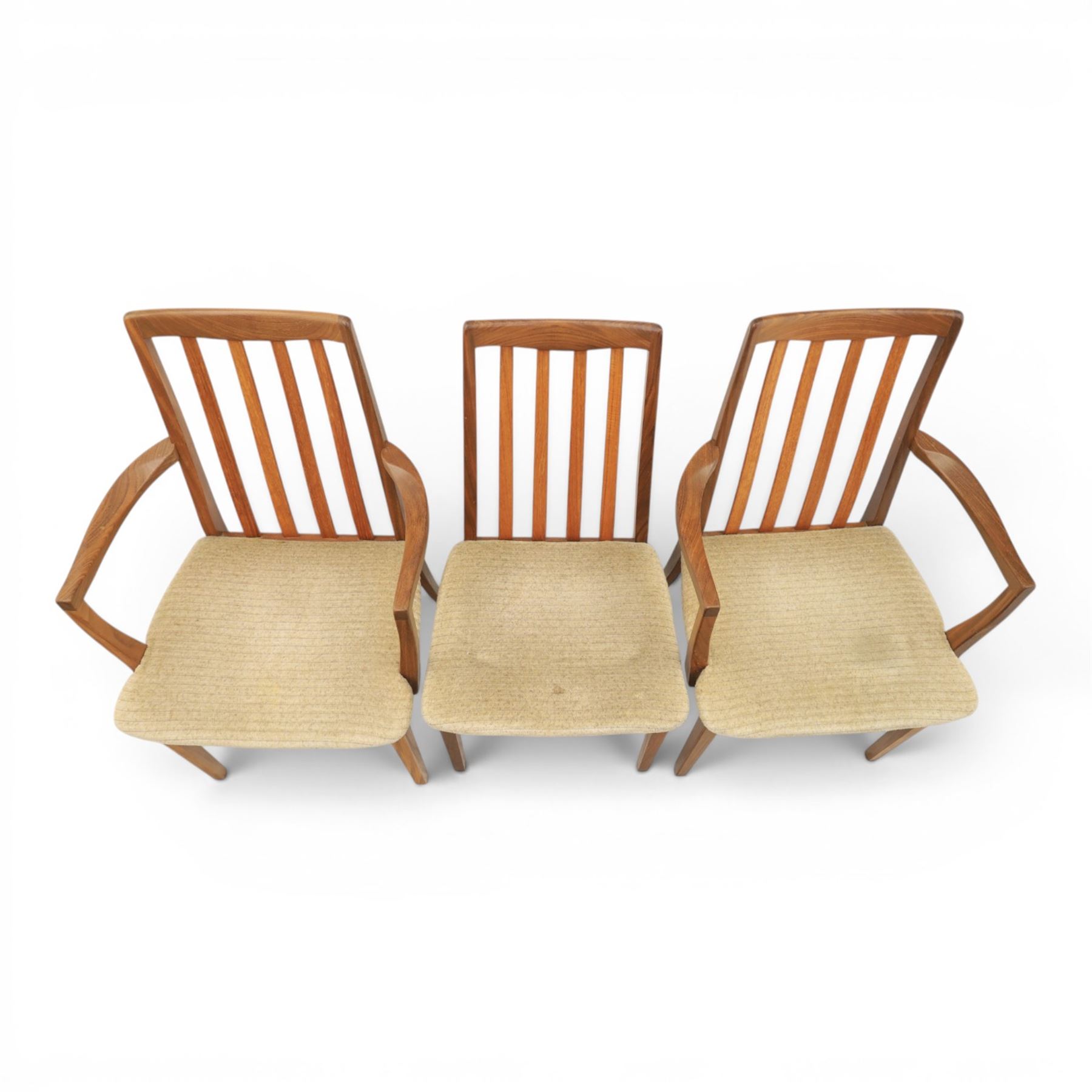 G-Plan - mid-20th century teak 'Fresco' circular extending dining table and six chairs, circular top with storable fold-over leaf extending to 166cm