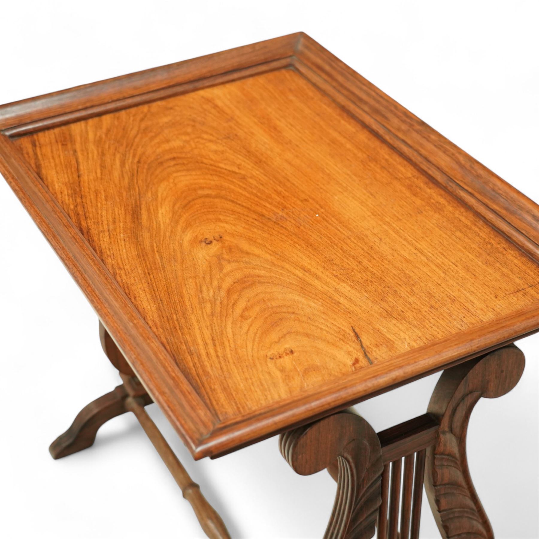 Regency design rosewood butler’s tray on stand, rectangular tray with moulded gallery raised on lyre-end supports united by turned stretchers