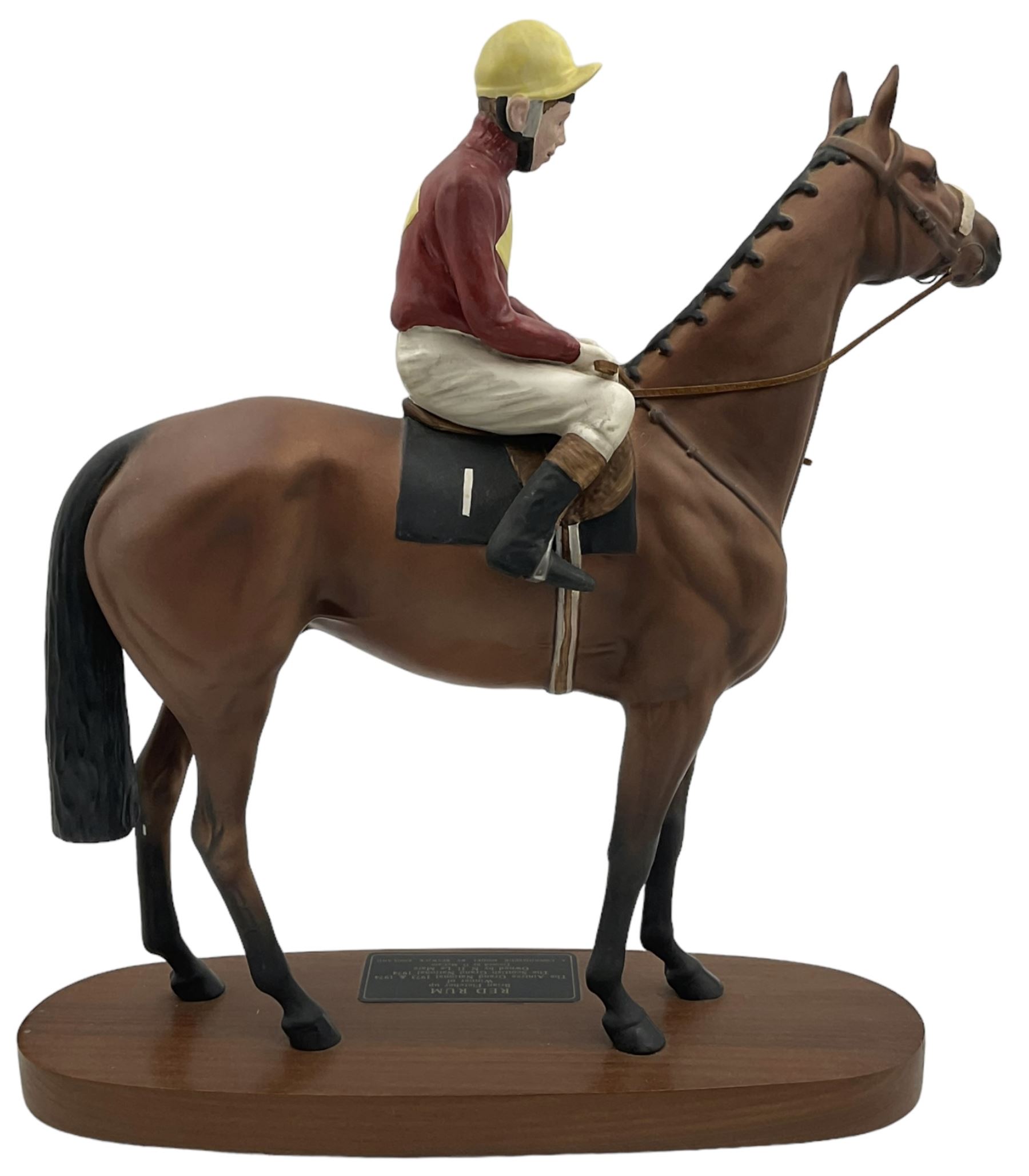 Beswick Connoisseur Red Rum with jockey Brian Fletcher up,  no.2511, upon wooden plinth base with metal plaque, H34cm