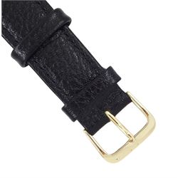 Cauny Prima gentleman's gold-plated and stainless steel manual wind wristwatch, black dial with dagger and Arabic hour markers and subsidiary seconds dial, on black leather strap