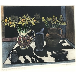 Charlie Downes (British Contemporary): 'Jugs and a Bowl with Daffodils', coloured etching with aquatint signed, titled and numbered 32/50 in pencil 22cm x 27cm