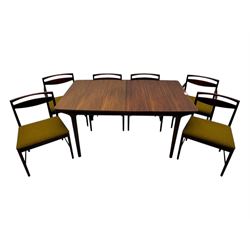 Tom Robertson for McIntosh of Kirkcaldy - mid-20th century 'Dunfermline' dining table, rectangular top with double concealed integral leaf, raised on tapered supports; complete with set of six (4+2) McIntosh dining chairs