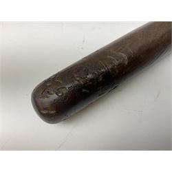 Three police turned hardwood truncheons comprising two patrol truncheons and WPC short truncheon (3)