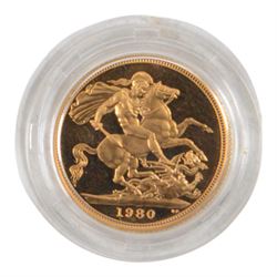 Queen Elizabeth II 1980 gold proof full sovereign coin, cased with certificate