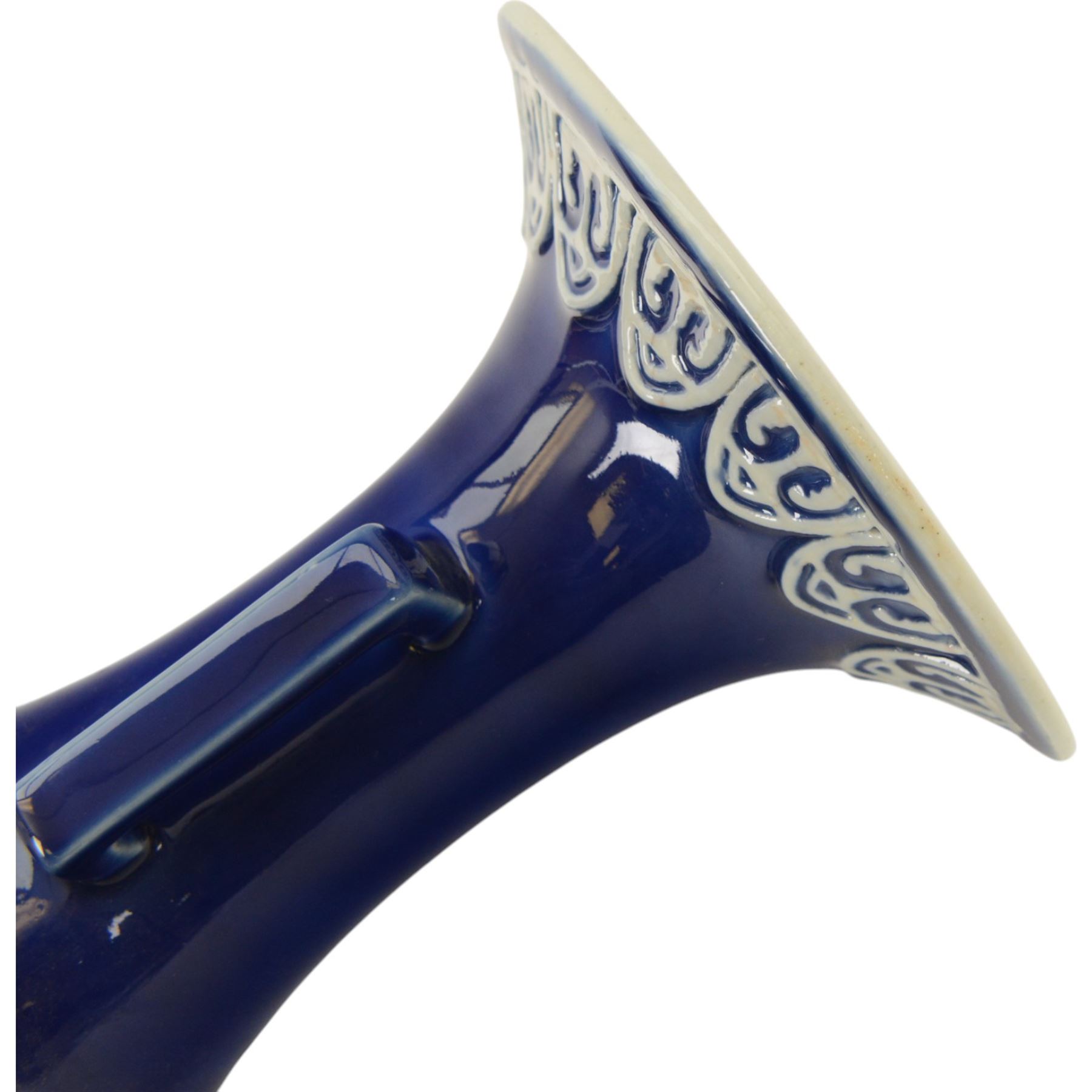 Chinses twin handled blue and white vase, decorated in relief with dragons amongst clouds upon a blue ground, H58cm 