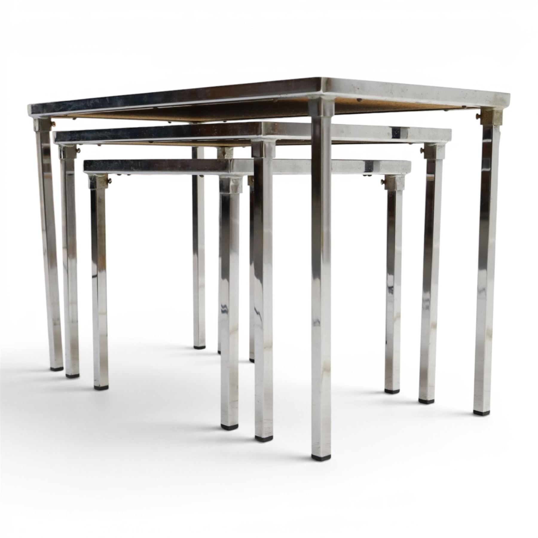 Juliette Belarti for Adri - 1960s-70s nest of three brutalist design tables, ceramic tiled tops, raised on a chrome frame 