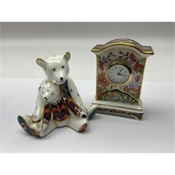 Royal Crown Derby Haiku pattern miniature clock, together with 1128 Imari pattern trinket box with cover and teddy bear figure, all with printed marks beneath   
