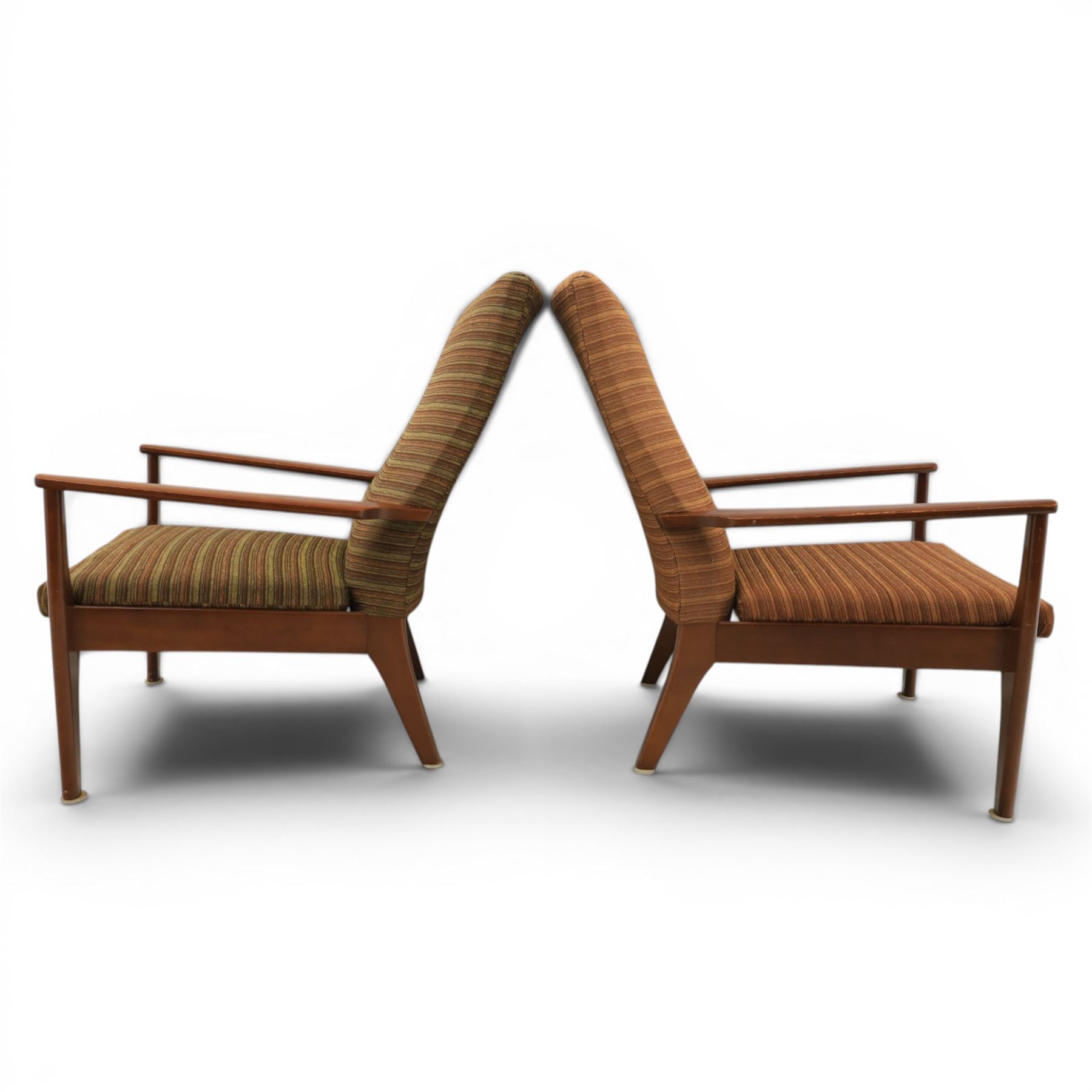 Parker Knoll - 'PK 988' open armchair, with teak frame, upholstered in a striped fabric, raised on tapering supports, the loose seat cushion supported on elasticated webbing 