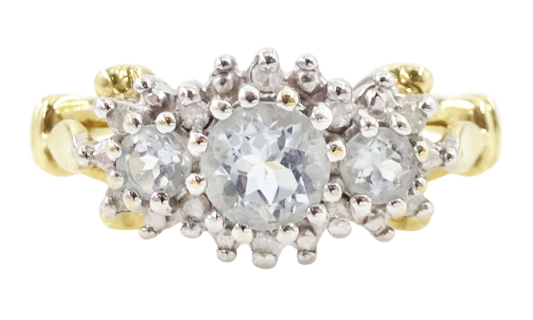 9ct gold aquamarine and diamond cluster ring, three round cut aquamarines, with diamond chip surround and scroll design shoulders, hallmarked