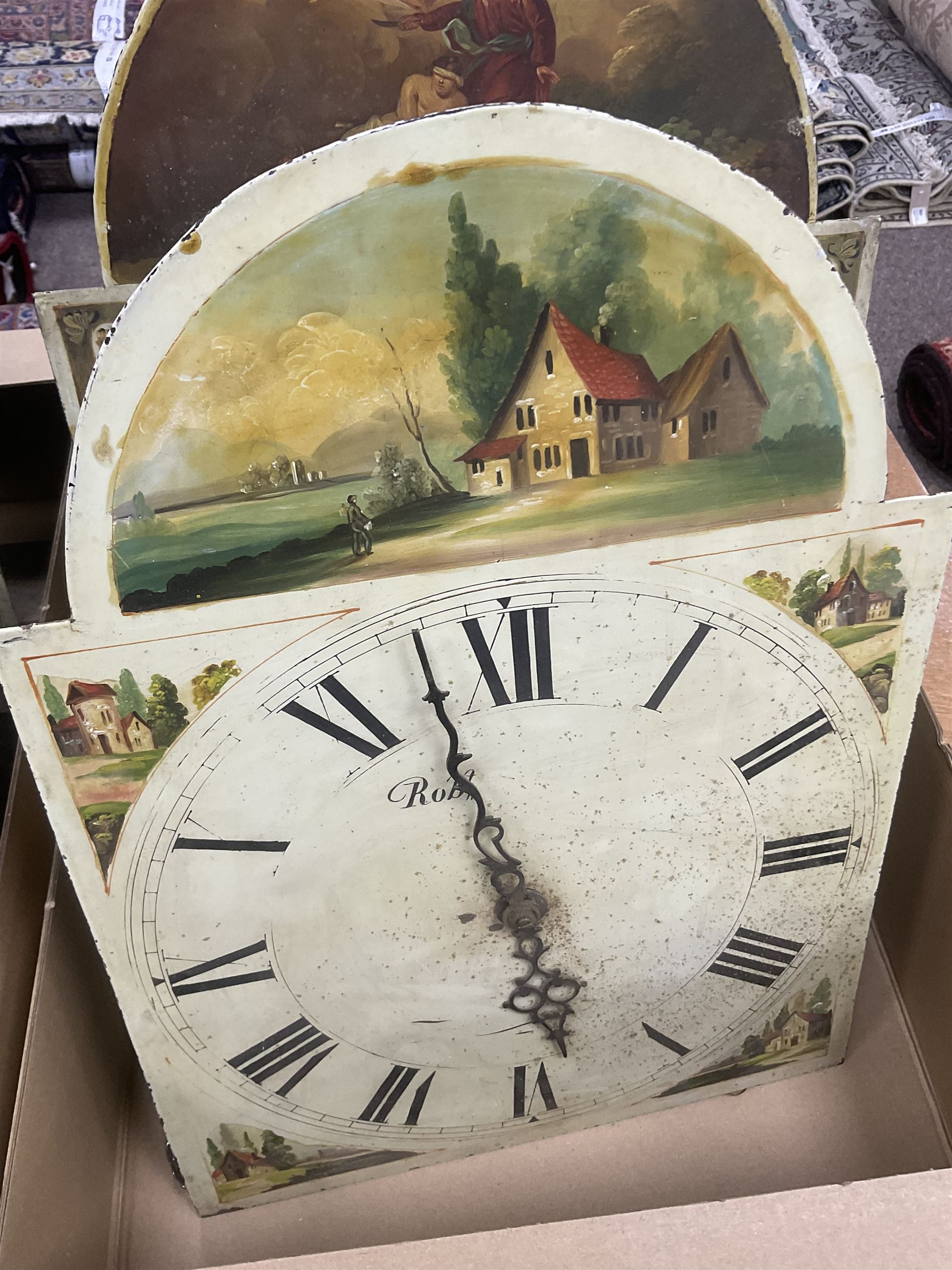 Six 19th century longcase clock movements, including brass dial by William Clark of Kendal, painted dial by Bartliff of Malton, etc