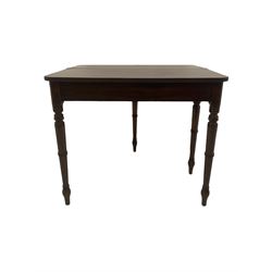 19th century mahogany tea table, fold-over rectangular top with rounded corners, on turned supports, single gate-leg action base 