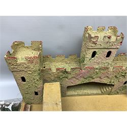 Sectional wooden fort on base with painted textured finish 46 x 36cm; together with over thirty lead and die-cast white metal soldiers and horses by various makers; and a small quantity of plastic figures of soldiers