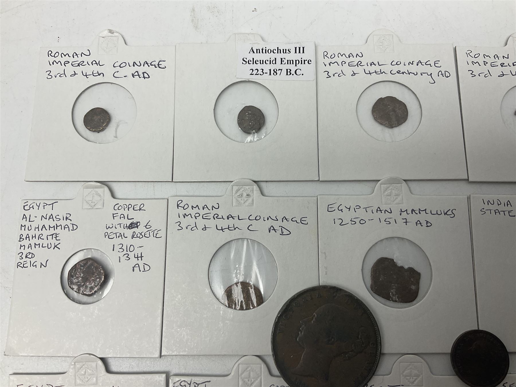 Coins including George III 1807 penny, George IV 1821 farthing, France Napoleon III 1867 one franc etc