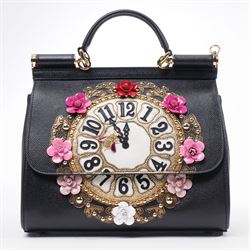 Dolce & Gabbana - 'Sicily Clock’ Medium Bag, from the Fairytale collection (Autumn/Winter 2016), in structured black textured leather, the front elaborately applied with a jewelled clock-face motif and floral embellishments, with top handle and detachable shoulder or crossbody strap, a limited production piece, unused with original box and dust bag