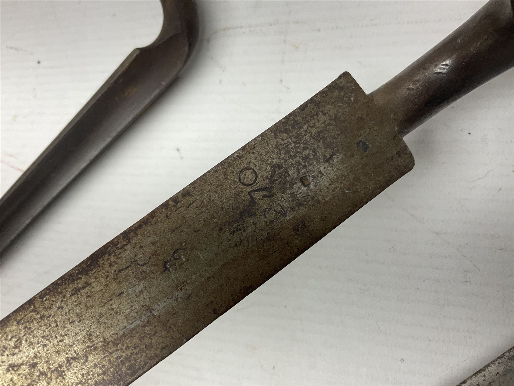 Early 19th century British Brown Bess musket rifle socket bayonet with zigzag fitting stamped D71 and triangular blade stamped 270 L55cm overall; and two other 19th century socket bayonets; no scabbards (3)